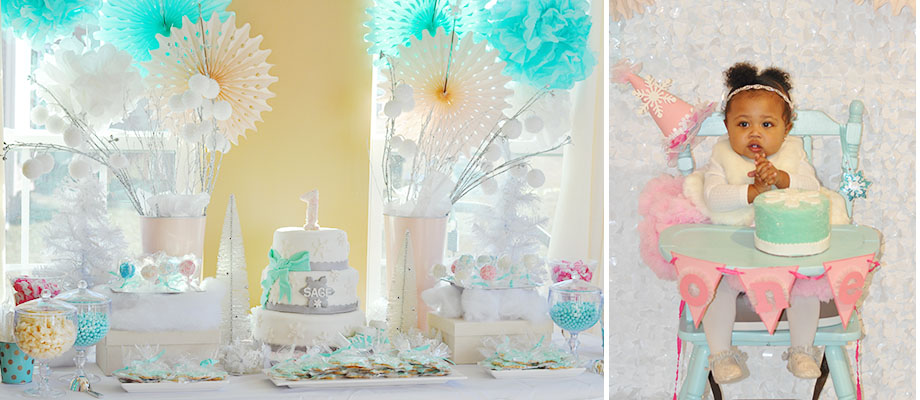 Winter Wonderland First Birthday Party- Frosted Events www.frostedevents.com @frostedevents Cute baby girl birthday party with gorgeous pastel dessert table