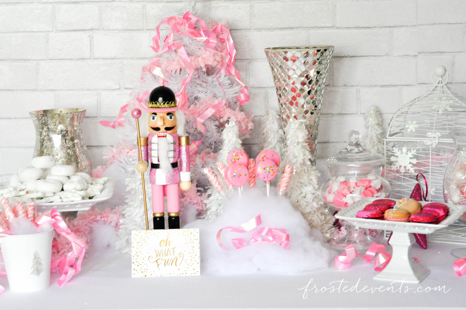 The Prettiest Pink Christmas Desserts Party Table frostedevents.com Target nutcracker