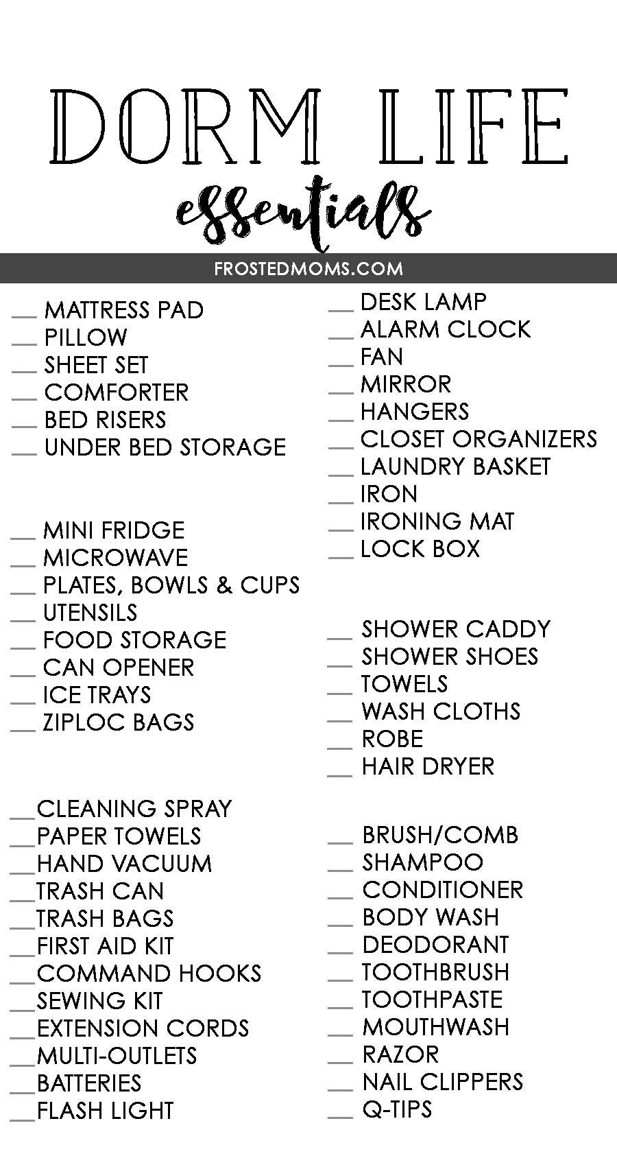 Dorm Room Essentials - College Student Checklist via frostedMOMS Printable Dorm Checklist 