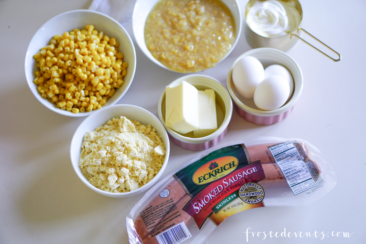 Corn Pudding Casserole Recipe -Comfort Foods - Eckrich Sausage dinner recipes- casserole recipes frostedevents.com