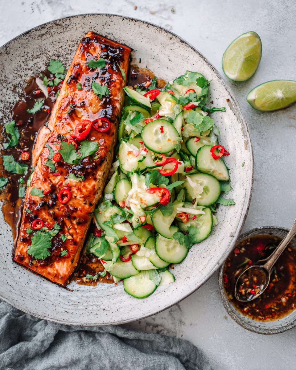 Honey Chile Glazed Salmon with Thai Cucumber Salad